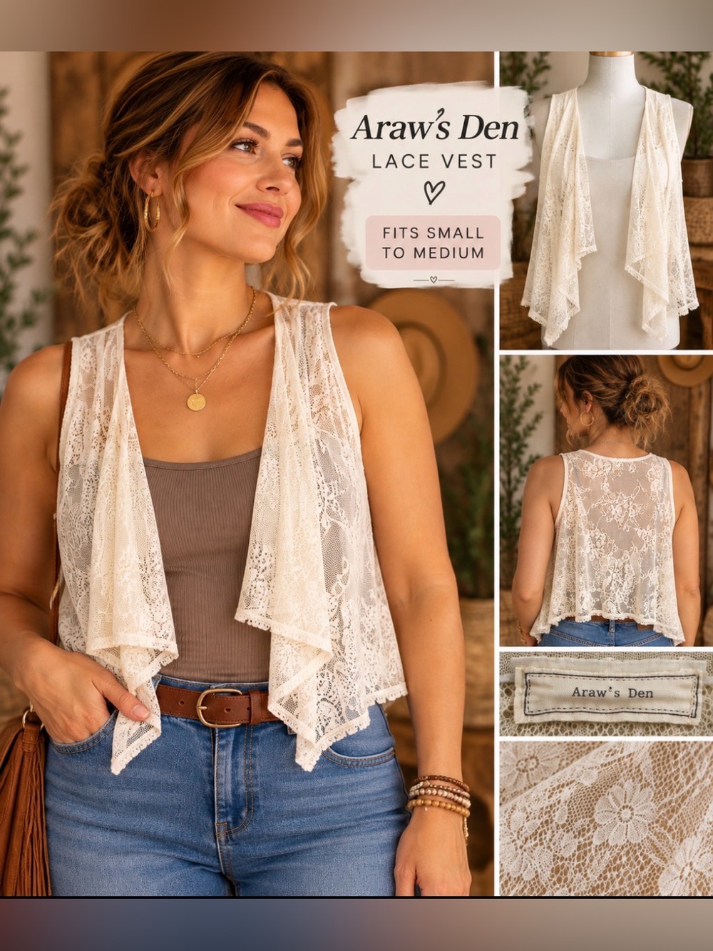 Arans Den -light cream color- Lace Draped Open-Front Vest- distressed hem s/m